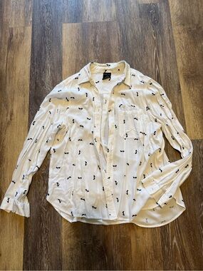 George White Black Abstract Print Button Front Blouse Rayon Shirt Medium